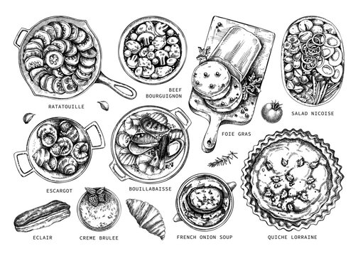 French cuisine dishes vintage drawings collection. Traditional food from France sketches set. French restaurant menu design elements. Hand-drawn food illustration, NOT AI generated