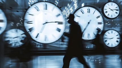 Businessman Rushing in a Blur of Time Amidst Looming Clocks