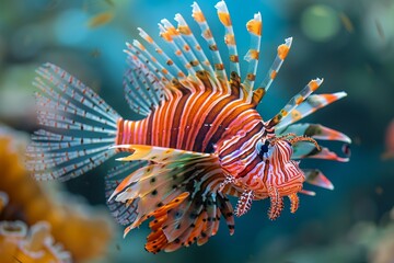 Exotic Lionfish with striking patterns and venomous spines, representing marine diversity. 