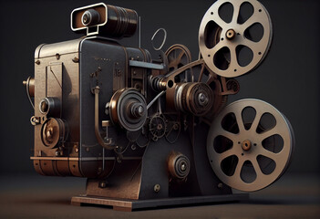 Old fashioned cinema film projector. AI generated.