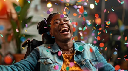joyful disabled black woman celebrating workplace promotion with confetti