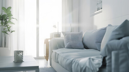 Fototapeta premium Room interior modern home design with furniture Grey sofa at white apartment living room in simple style Scandinavian flat with stylish minimal decor space for relax : Generative AI