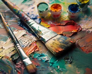 Obraz premium Oil paints and brushes on the palette.