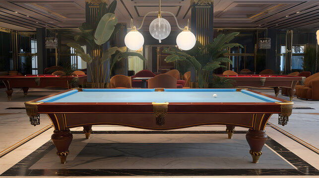 Luxurious billiard hall with elegant decor and multiple pool tables
