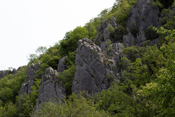Stone wall in the mountains. Landscape with rocks. 