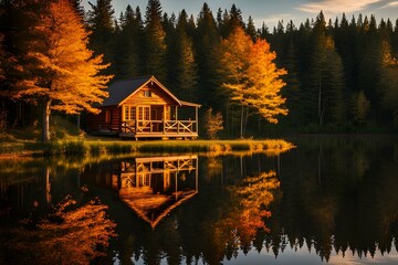 Fototapeta premium Embrace the golden hues of fall with this serene lakeside cabin surrounded by autumn trees.