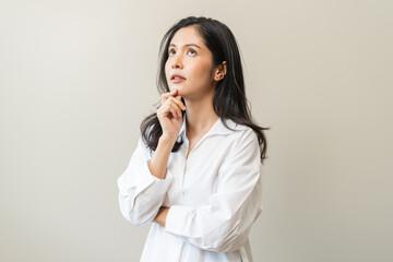 asian woman in casual dress thinking and imagination isolated on background