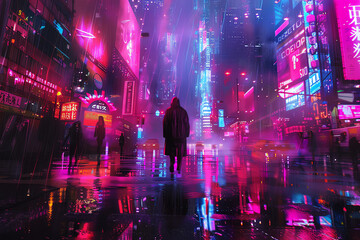 Obraz premium Capture a bustling Cyberpunk Cityscape with neon lights glowing against a dark