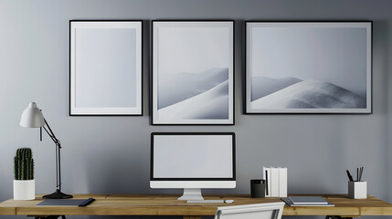 Posters on grey wall above wooden desk with computer monitor in open space interior : Generative AI