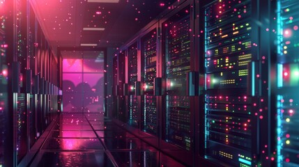 A network server room with rows of servers and blinking lights