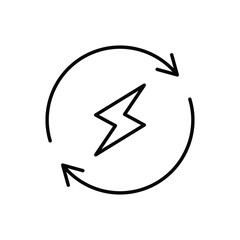 Lightning electric icon. Simple outline style. Bolt with recycling rotation arrow sign, circle, capacity, renewable energy concept. Thin line symbol. Vector illustration isolated.