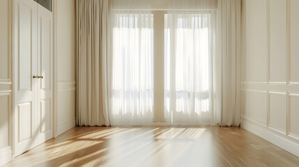 Fototapeta premium Interior of empty living room with large bright window and curtains by closed door in modern apartment with white walls and hardwood floor : Generative AI