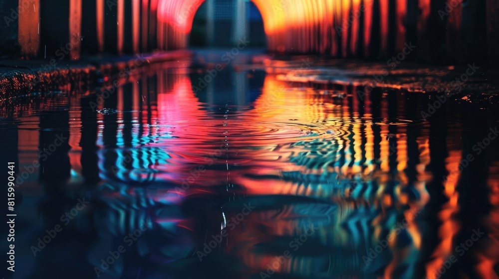 Poster colored lines with reflections vanish into the darkness forming beautiful patterns