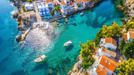 Aerial view of a charming coastal village with whitewashed houses and turquoise waters glistening under the midday sun - Powered by Adobe