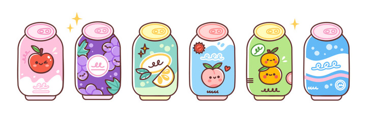 Soda can set. Various fruit flavored soft drinks. Vector illustration of fresh summer beverages in cute colorful style. Isolated elements on white background.