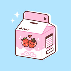 Strawberry milk in a cute carton. Vector illustration of sweet dairy drink for kids in colorful packaging. Tasty milk beverage in trendy flat style.