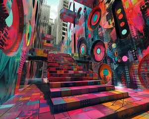 Unleash a burst of creativity by depicting a surreal fusion of psychedelic street art in a vast cityscape Emphasize unconventional camera angles to showcase the vibrant colors and 