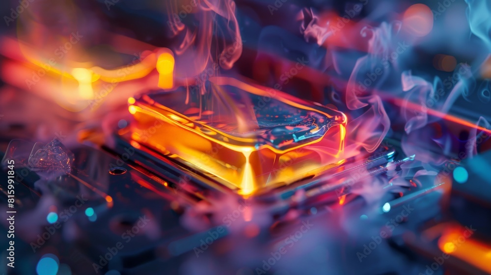 Poster the image shows a close-up of a computer processor with blue smoke coming out of it. the processor i