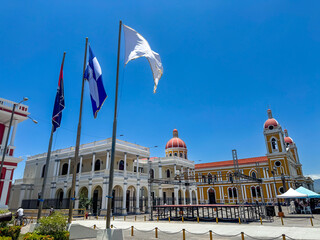 Beautiful view of the colonial city of Granada Nicaragua, Its majestic yellow cathedral, Guadalupe...