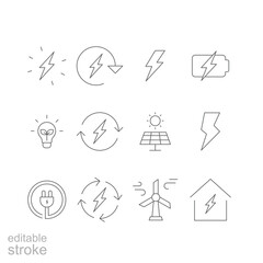 Energy icon set. Simple outline style. Electric, power, save, solar panel, battery, light, charge, wind turbine, green energy concept. Thin line symbol. Vector illustration isolated. Editable stroke.