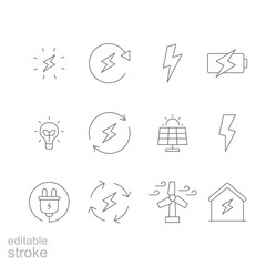 Energy icon set. Simple outline style. Electric, power, save, solar panel, battery, light, charge, wind turbine, green energy concept. Thin line symbol. Vector illustration isolated. Editable stroke.