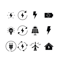 Energy icon set. Simple solid style. Electric, power, save, solar panel, battery, light, charge, wind turbine, green energy concept. Black silhouette, glyph symbol. Vector illustration isolated.