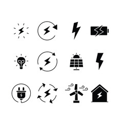 Energy icon set. Simple solid style. Electric, power, save, solar panel, battery, light, charge, wind turbine, green energy concept. Black silhouette, glyph symbol. Vector illustration isolated.