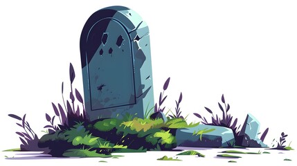 Moss Covered Gravestone in Overgrown Abandoned Cemetery Evokes Somber Atmosphere of Forgotten Past and Melancholy Solitude