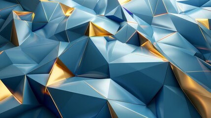 The image features a 3D visualization of interlocking blue and gold-toned polygonal shapes with a metallic sheen, creating a sense of luxury and modernism