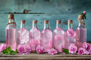 Row of glass bottles filled with pink rose water and fresh rose petals, on a vintage wooden table