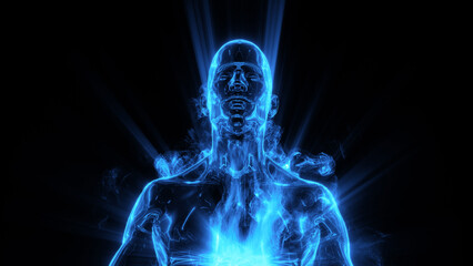A human character meditating where we see the energetic fields of the body represented in pulsating lines and shimmering colour.