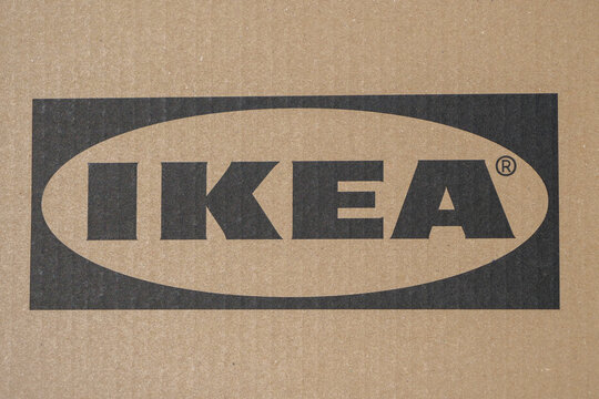 Valencia, Spain - May 15, 2024: Ikea logo on brown cardboard furniture package box. Ikea - popular global home furnishing brand