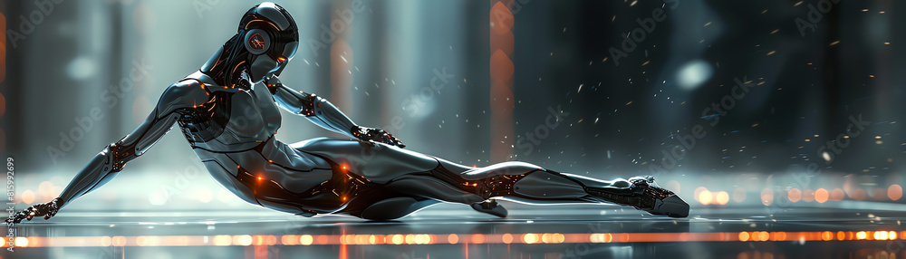 Poster capture the elegance of a robotic ballet dancer in a side view with a sleek metallic finish