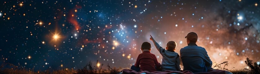 Family Gazing at Starry Night Sky on Picnic Blanket Discovering Constellations and Exploring the...