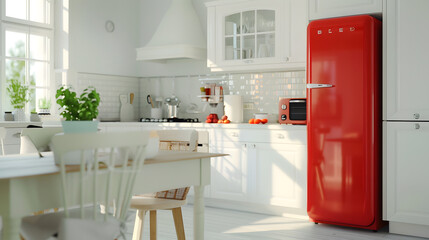 Interior of light kitchen with red fridge white counters and dining table : Generative AI