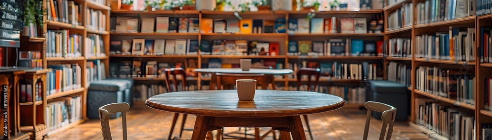 Poster cozy bookstore caf with round table and inviting shelves for relaxed reading and browsing