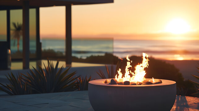 Fire pit on modern luxury home showcase beach house at sunset : Generative AI