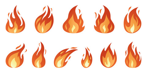 Fire flames icon set. Bright fireball, heat wildfire, campfire red hot bonfire, red fiery flames. Hand drawn isolated on white. Trendy flat style cartoon flame. Vector illustration