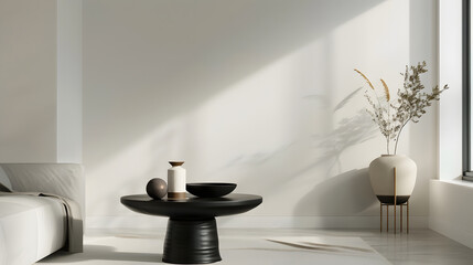Aesthetic interior of living room with copy space white wall round black coffee table simple console with stylish accessories Home decor Template : Generative AI