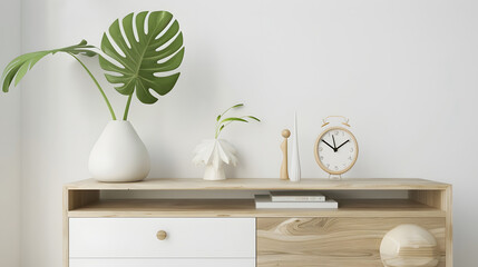 Interior design of living room at scandinavian apartment with stylish commode tropical leaf in vase books white clock and elegant accessories Modern home decor Template Copy space Whit : Generative AI
