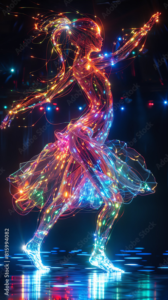 Poster capture a dynamic dancer at a tilted angle, merging with futuristic holographic technology, creating