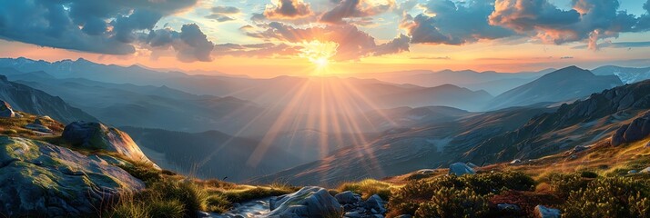 Mountain scenic view with a creek and sun rays streaming from clouds during sunset realistic nature and landscape - Powered by Adobe