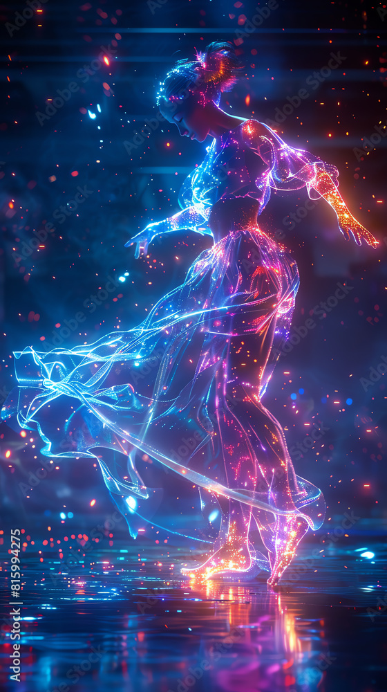 Poster capture a dynamic dancer at a tilted angle, merging with futuristic holographic technology, creating