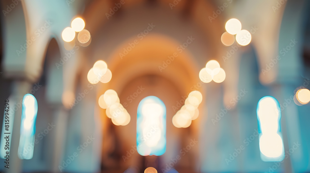 Poster abstract blur and defocused interior of church for bokeh background : generative ai