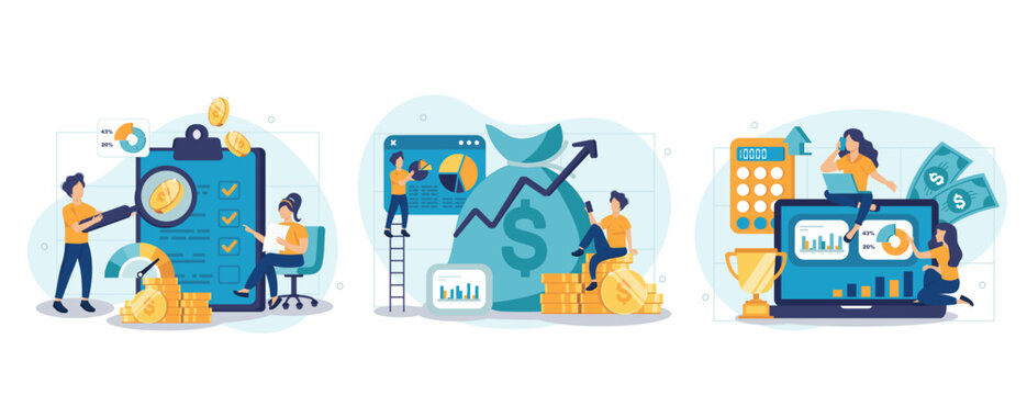 Cost optimization concept set. Idea of financial and marketing strategy. Cost and income balance. Spending and cost reduction, while maximizing business value. Isolated flat illustration vector
