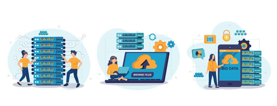 Cloud technology. Big data analysis. Data science and jobs. Developer career. Tiny people data engineers. Screen template for landing page, template, ui, web, mobile app, poster, banner, flyer.