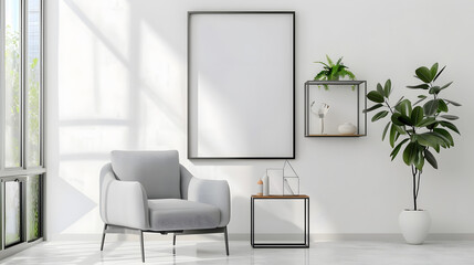 Modern living room interior composition with mock up poster frame frotte armchair metal shelf and stylish home accessories Creative wallpaper Home staging Template Copy space : Generative AI