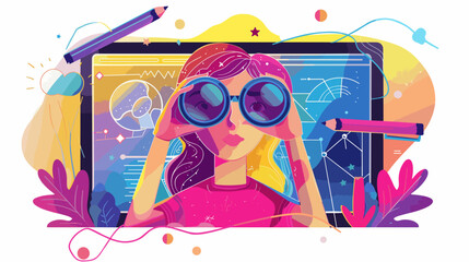 Creative Woman Searching for Inspiration and Ideas with Pencil Binoculars on Landing Page