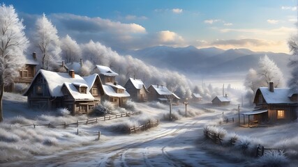 Write about a silver frost covering a quiet town on a cold winter morning, making everything sparkle."