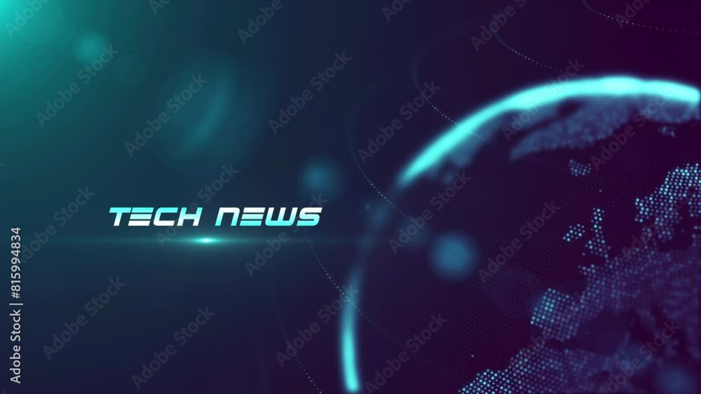 Poster tech news lettering on blue violet shiny partial view of dotted globe earth world map rotating in th